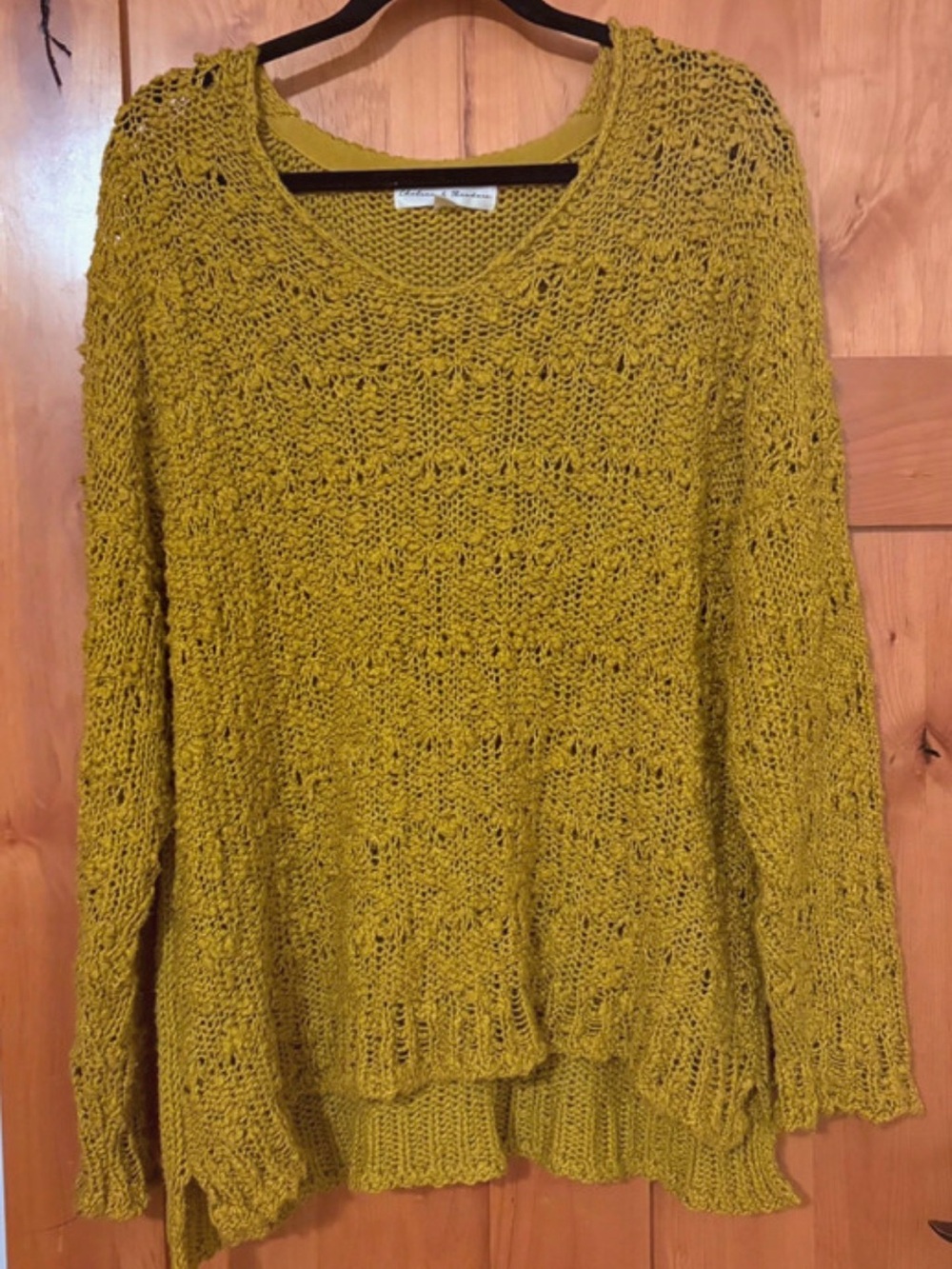 Chelsea & Theodore Open-Knit V-Neck Sweater in Mustard Yellow